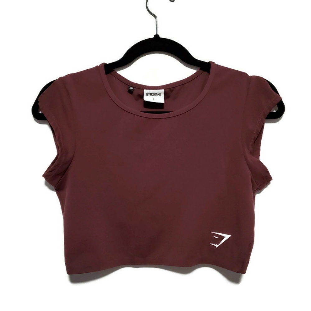 Split Sleeve Gym Shark Crop Top in Burgundy, Sm